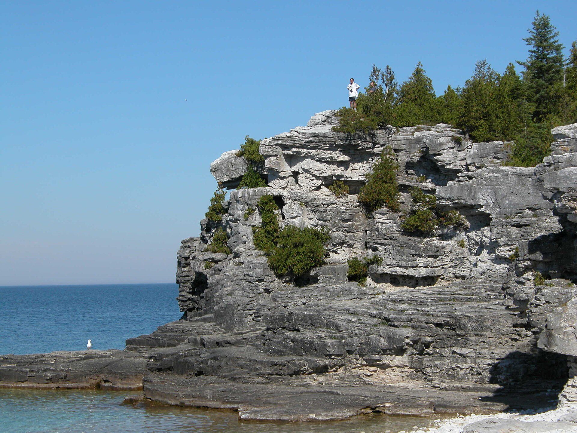 A sheer pale dolostone cliff face of the Niagara Escarpment above blue water
